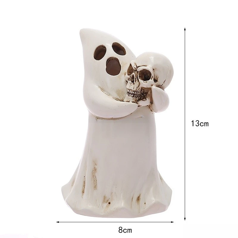 Halloween Window Display Gift Desktop Resin Ornament White Ghost Holding Pumpkin Skull Figurine For Party Table Decor