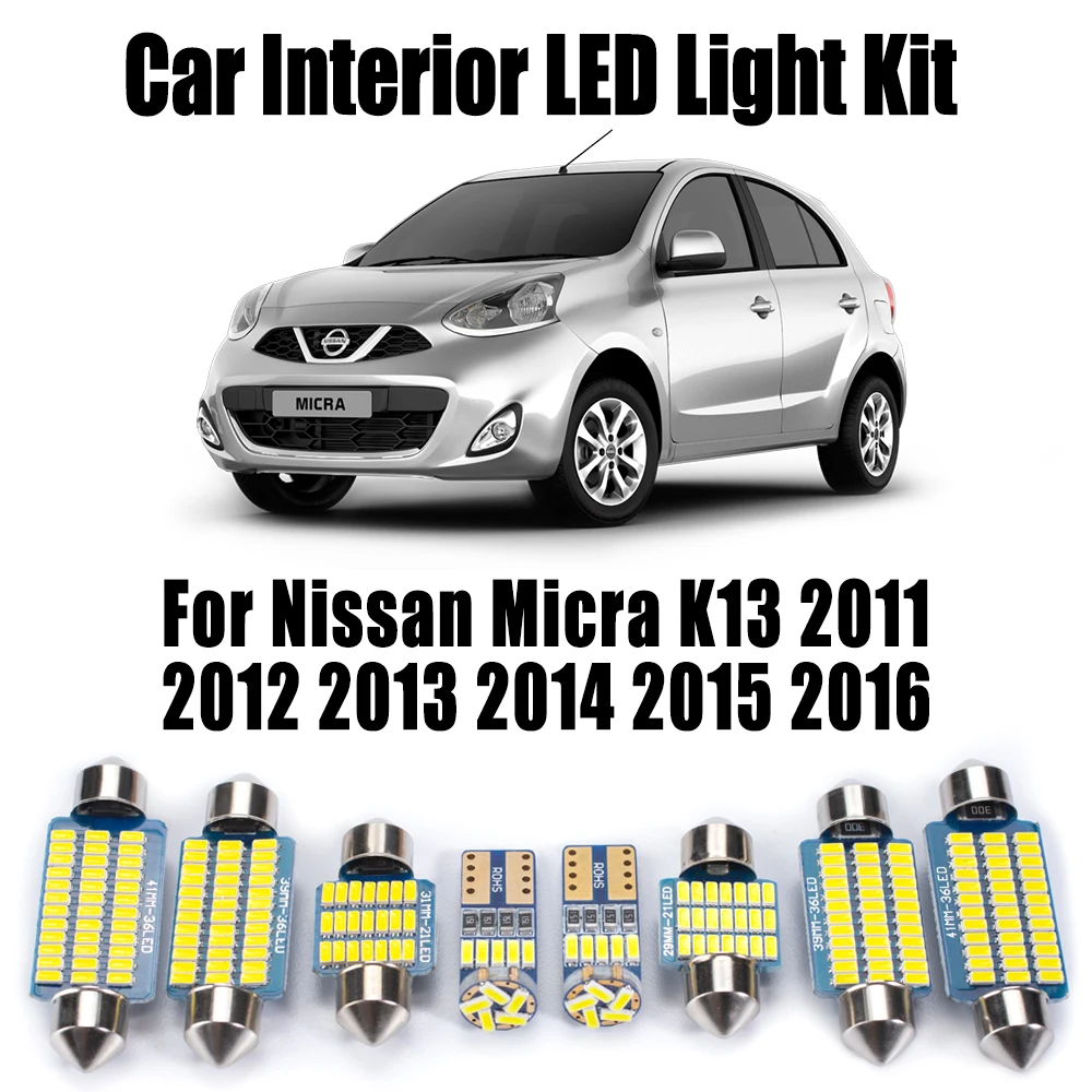 8Pcs For Nissan Micra K13 2011 2012 2013 2014 2015 2016 Car Dome Ceiling Bulb Accessories Canbus LED Interior Luggage Light Kit