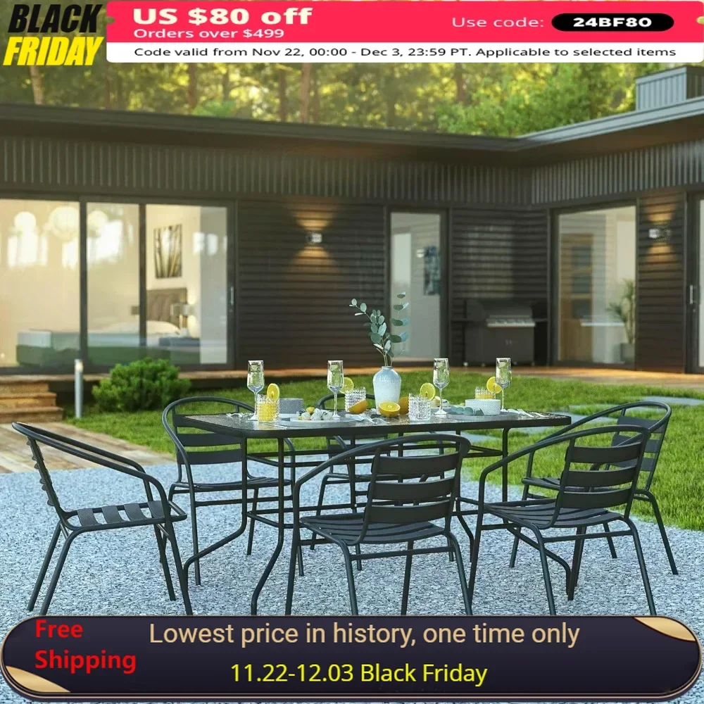 7-Piece Glass Patio Table And Chairs Set, Outdoor Patio Dining With Rectangular Table And 6 Slat Back Chairs, Patios Furniture