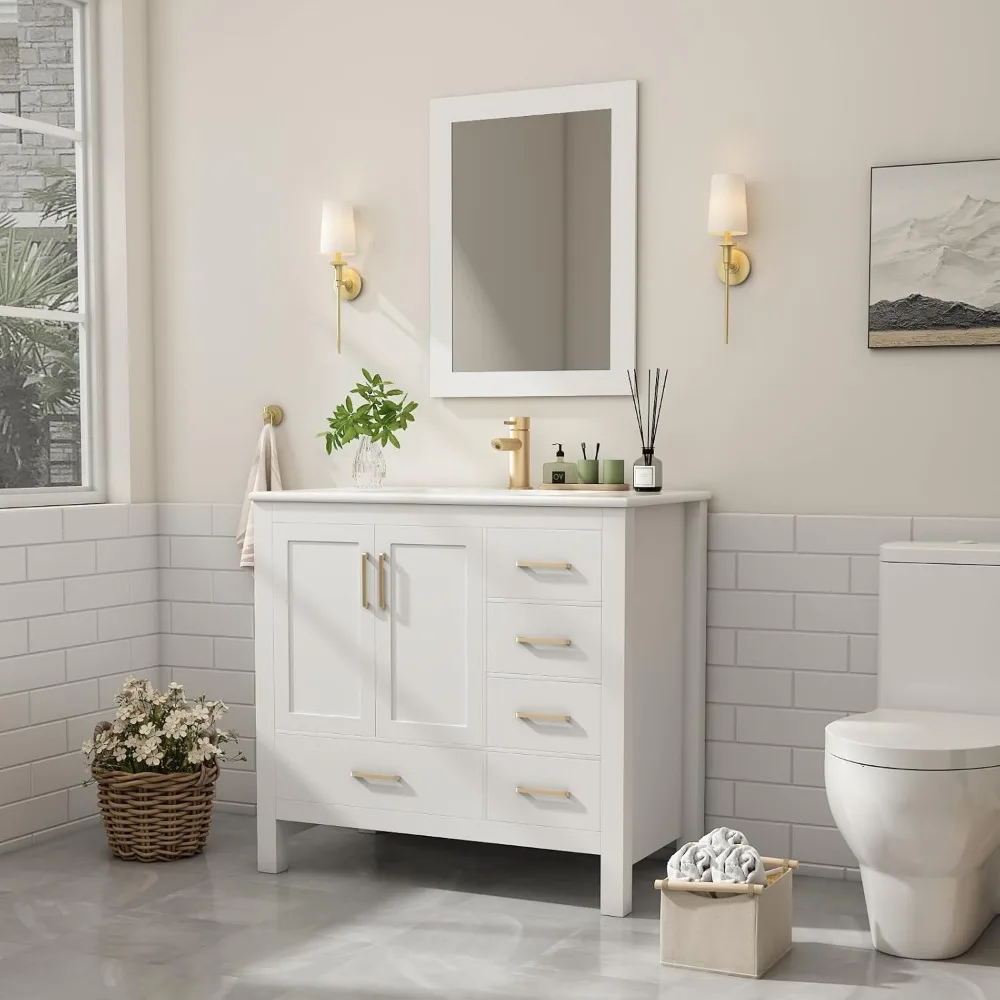 bathroom organizers, Bathroom Vanity with Sink with Faucet, Bathroom Vanity with 5 Drawers, Mirror, Ceramic Countertop, Ceramic 