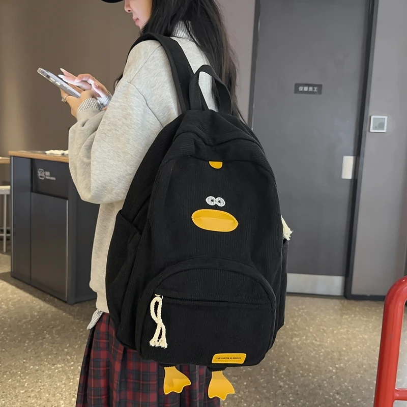 Cartoon Duck Kids Backpack Bag Cute Travel Bag Versatile Korean Edition Girls' School Bag Aesthetic Backpack Corduroy Backpack
