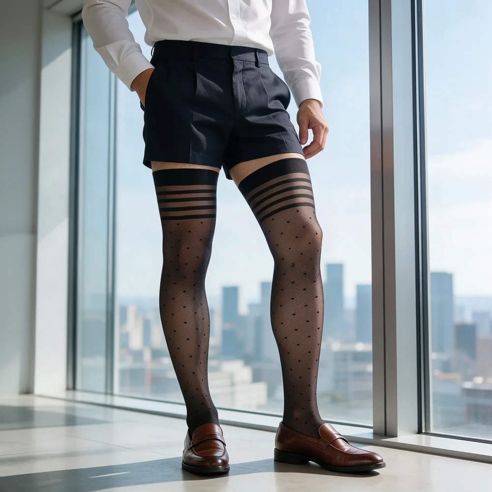 Men's Sheer Thigh High Stockings Black Dot Pattern Hold Ups Over Knee Nylon Hosiery Striped Stay Up Top Band for Suit Fashion