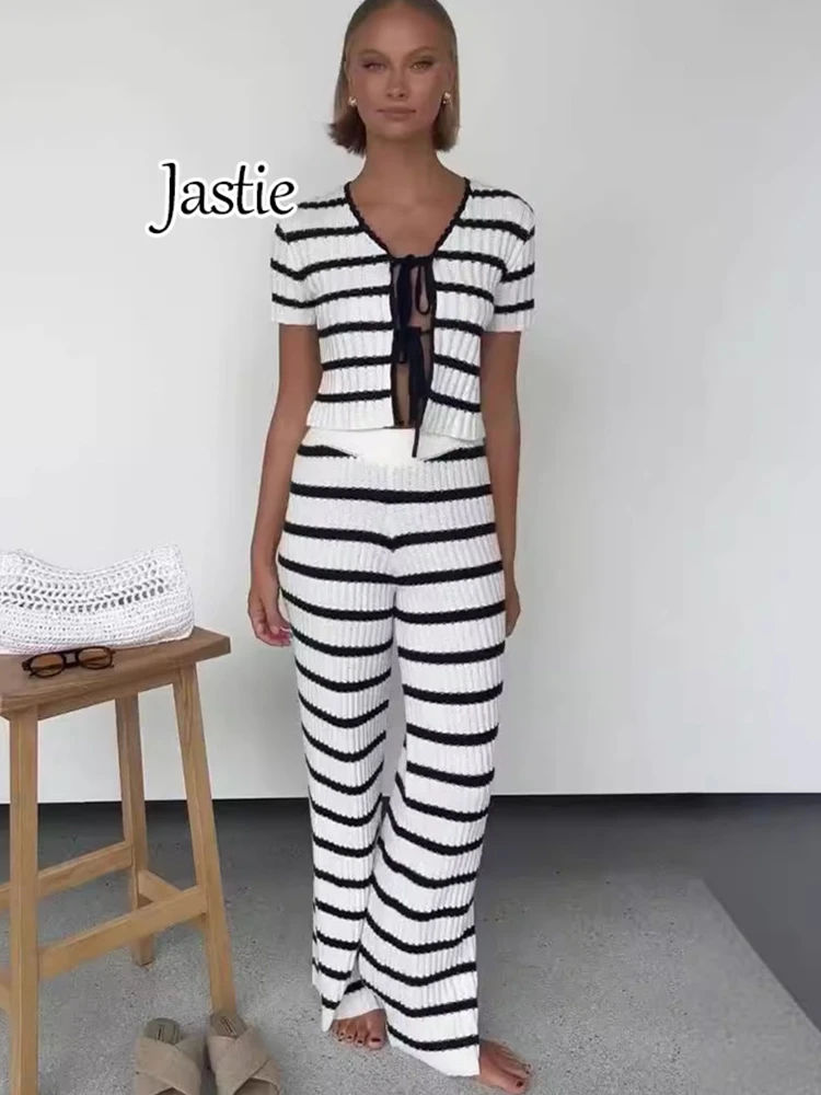 Jastie 2024 New Summer Women Suit Retro Crochet Striped Top + Casual Straight Trousers 2-piece Sets Street Fashion Femme Outfit