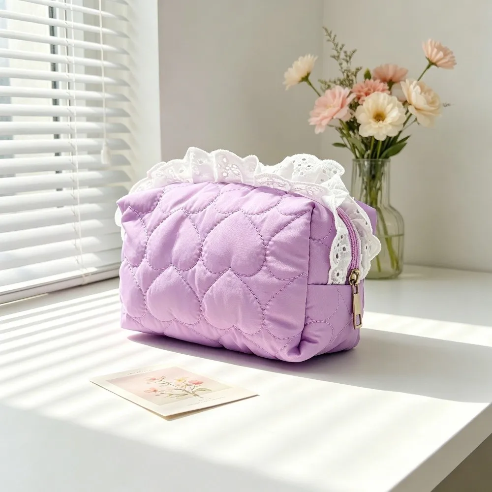 Large Capacity Cosmetic Bag Multifunctional Quilted Travel Toiletry Bag Plaid Heart Pattern Lace Ruffle Makeup Organizer Pouch