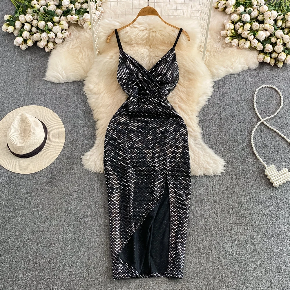 

Luxury V-neck Sequin Long Dress Women's Waistband Slimming Sparkling Split Dress Ladies Evening Party Banquet Suspender Dresses