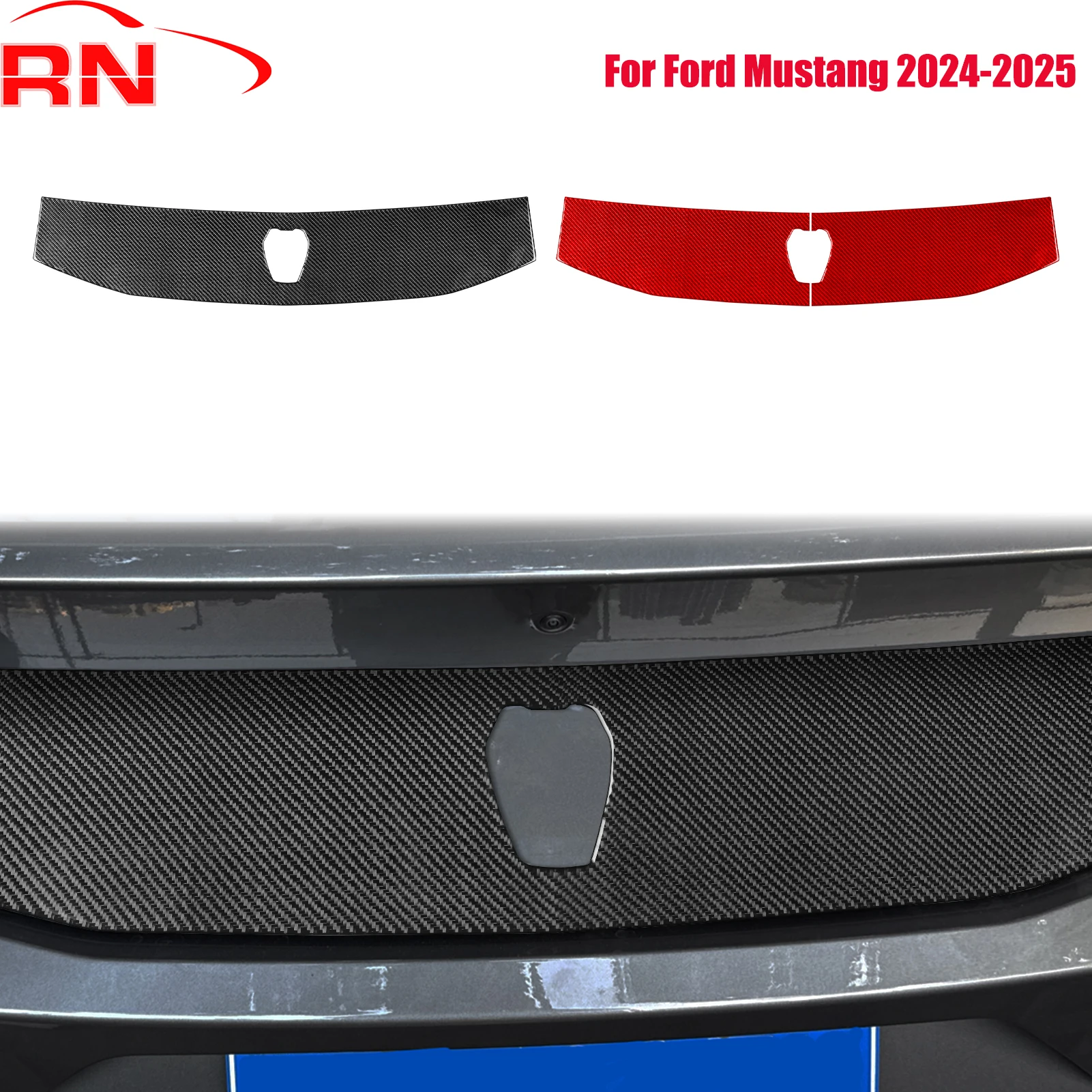 

For Ford Mustang 2024-2025 Modified Carbon Fiber Car Trunk Tail Label Panel Accessories Piano Black Interior Sticker