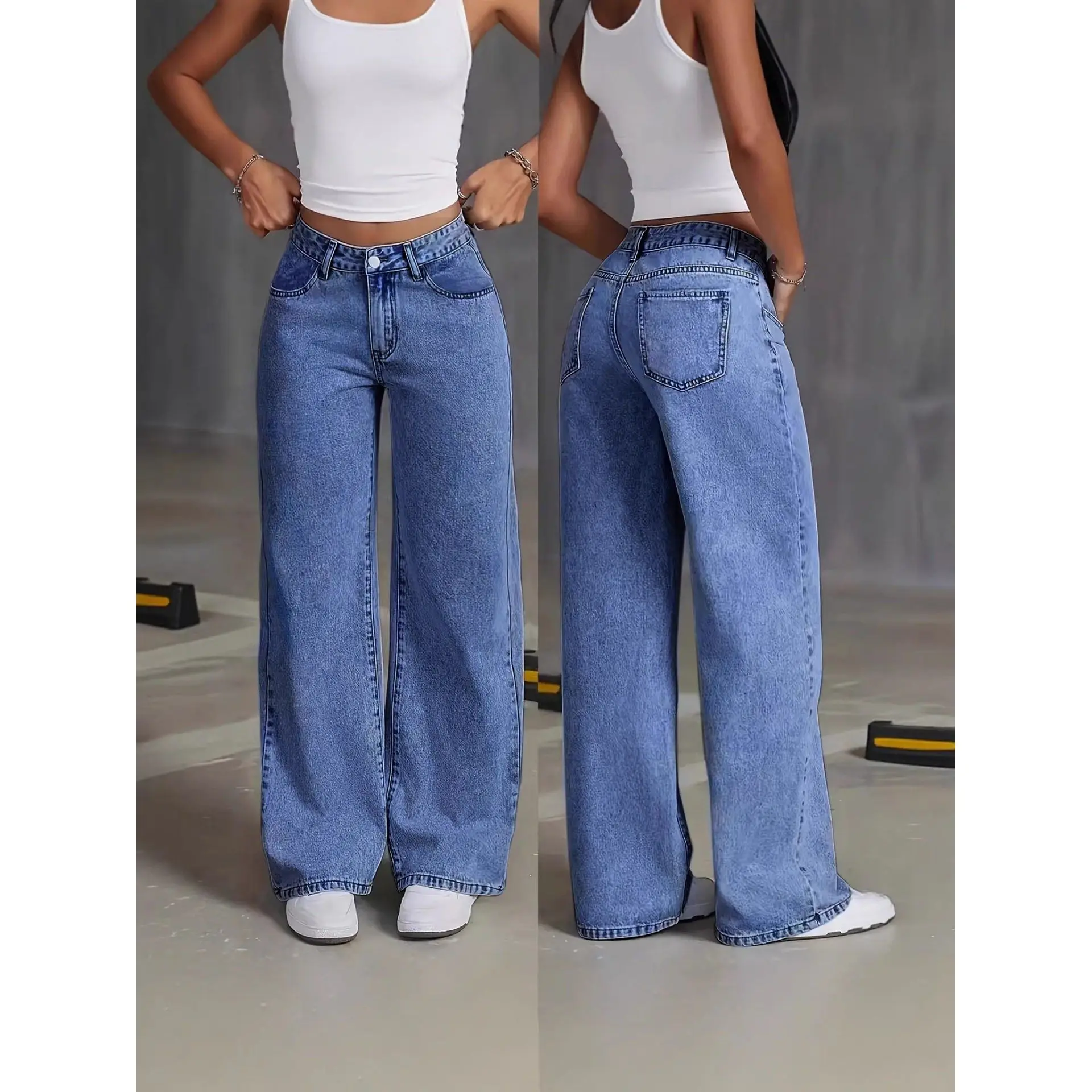 Trendy Women's Loose Straight Leg Jeans Spicy Sweet Style High Waist Large Size Casual Long Pants Cross-Border Denim