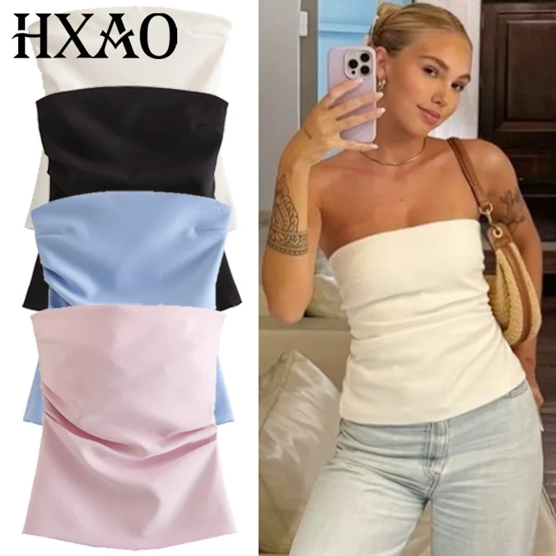 HXAO 2025 Women's Corset Tube Top Women Sexy Tanks & Camis Ruffled Off Shoulder Top Women Chic Strapless Backless Slim Tank Tops
