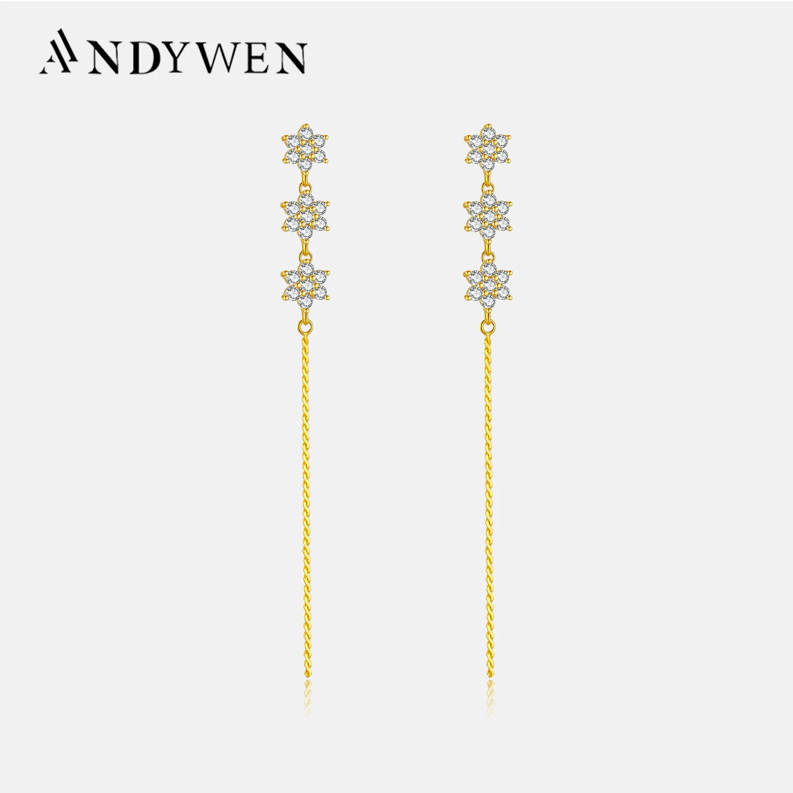 ANDYWEN 925 Sterling Silver Three Flower Long Chain Drop Earring Line Crystal Long Line Rock Punk Jewelry For Women Party