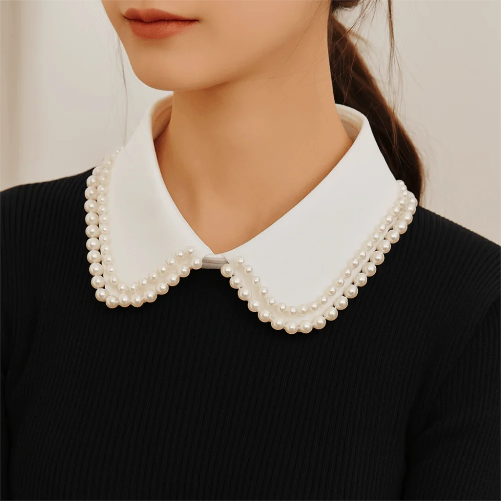 Collar falso con borde de perlas para mujer, accesorio de cuello de camisa elegante desmontable, cuello minimalista de gama alta
