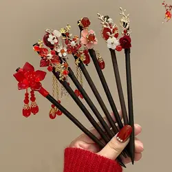 Épingle à cheveux en bois rétro avec pompon fleur rouge, baguettes à cheveux vintage, fourchette à cheveux, style chinois, accessoires Hanfu