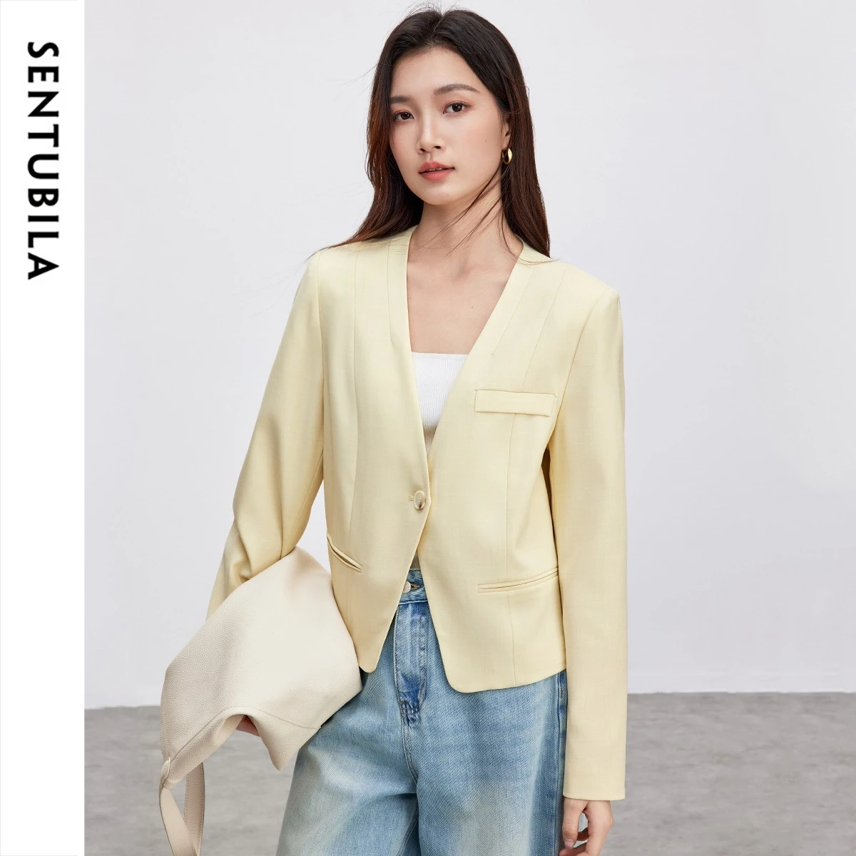 SENTUBILA Women Cropped Blazer 2026 Autumn Loose One Button V Neck Jacket Ladies Straight Elegant Commuter Short Coat 141X53363