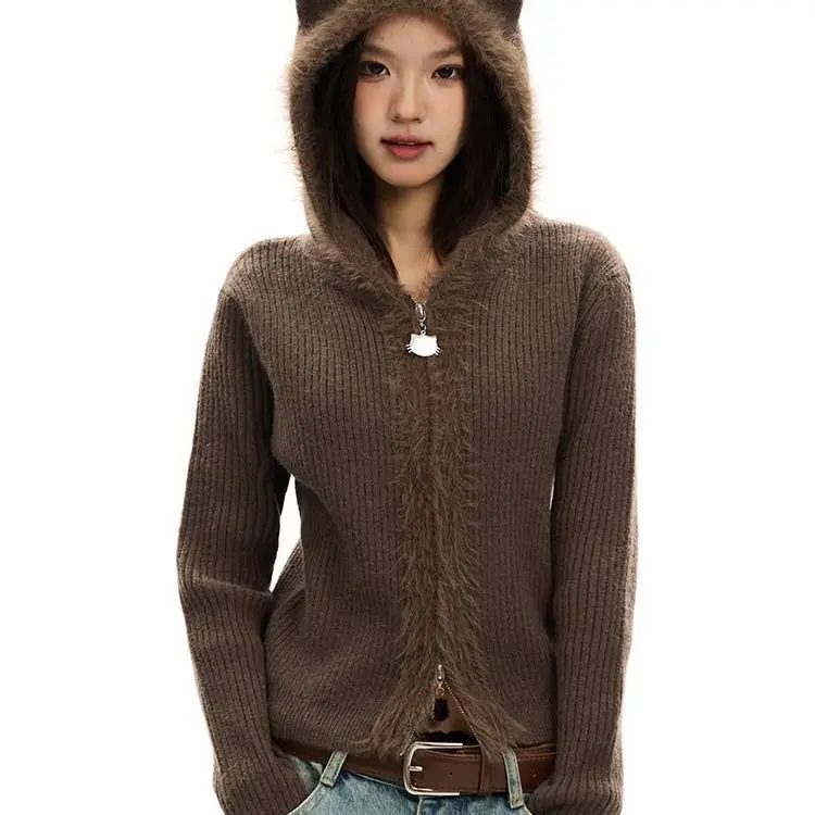 

Vintage Fur Patchwork Hooded Knitted Cardigan Women 2025 Autumn Winter Double Zippers Solid Short Sweater Coat Y2k Tops