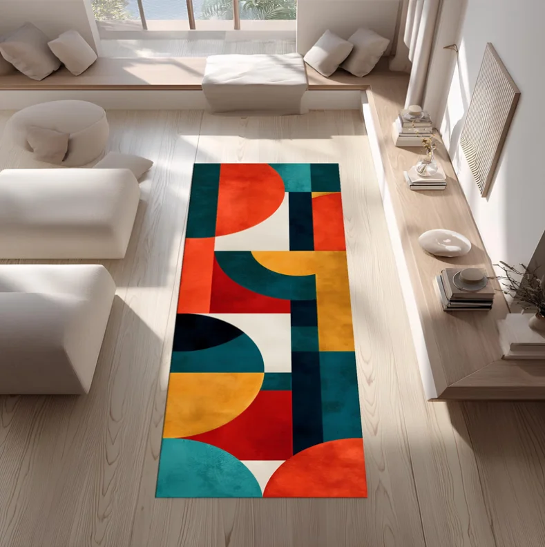 Alfombra de corredor de bloques de Color Retro, alfombra abstracta moderna de mediados de siglo, alfombra geométrica colorida para pasillo, alfombra de área larga de mostaza verde azulado roja