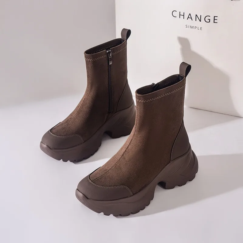 

7CM Women's Shoes New Exquisite Suede Stretch Boots for Woman Fashion Round Head Platform Ankle Boots Designer Shoes Botas Mujer
