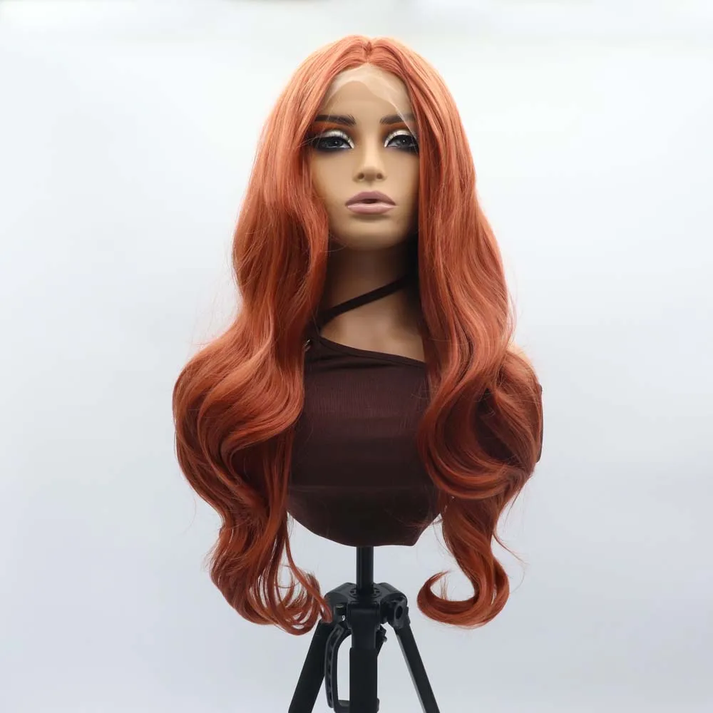 シルビア350-カラー合成銅ブラウンレッドウィッグ合成レースフロントウィッグ女性用ヘア耐熱ファイバーコスプレウィッグ