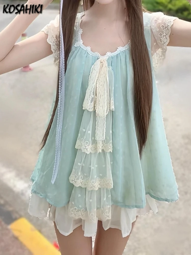

Sweet Two Pieces Set Y2k Aesthetic Lace Patchwork Bandage Summer Tops + Harajuku Grunge Women Solid Ruffled Mini Skirts Suit