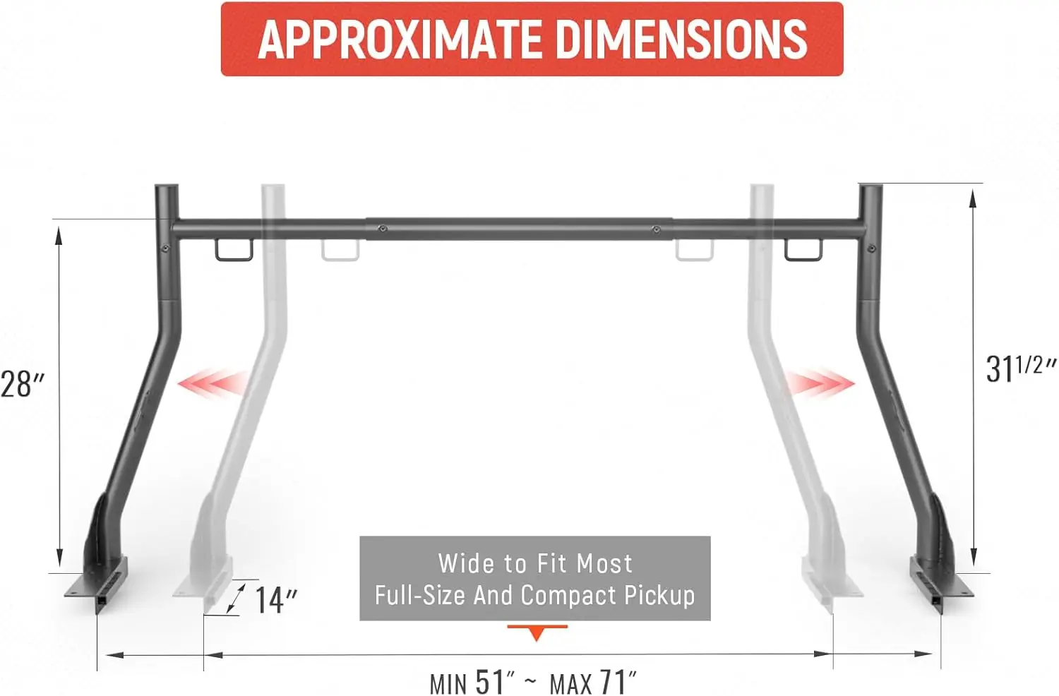 800Ibs Capacity Extendable Truck Ladder Rack with Non-Drilling Z-Clamps - Steel, Black, Two-bar Set