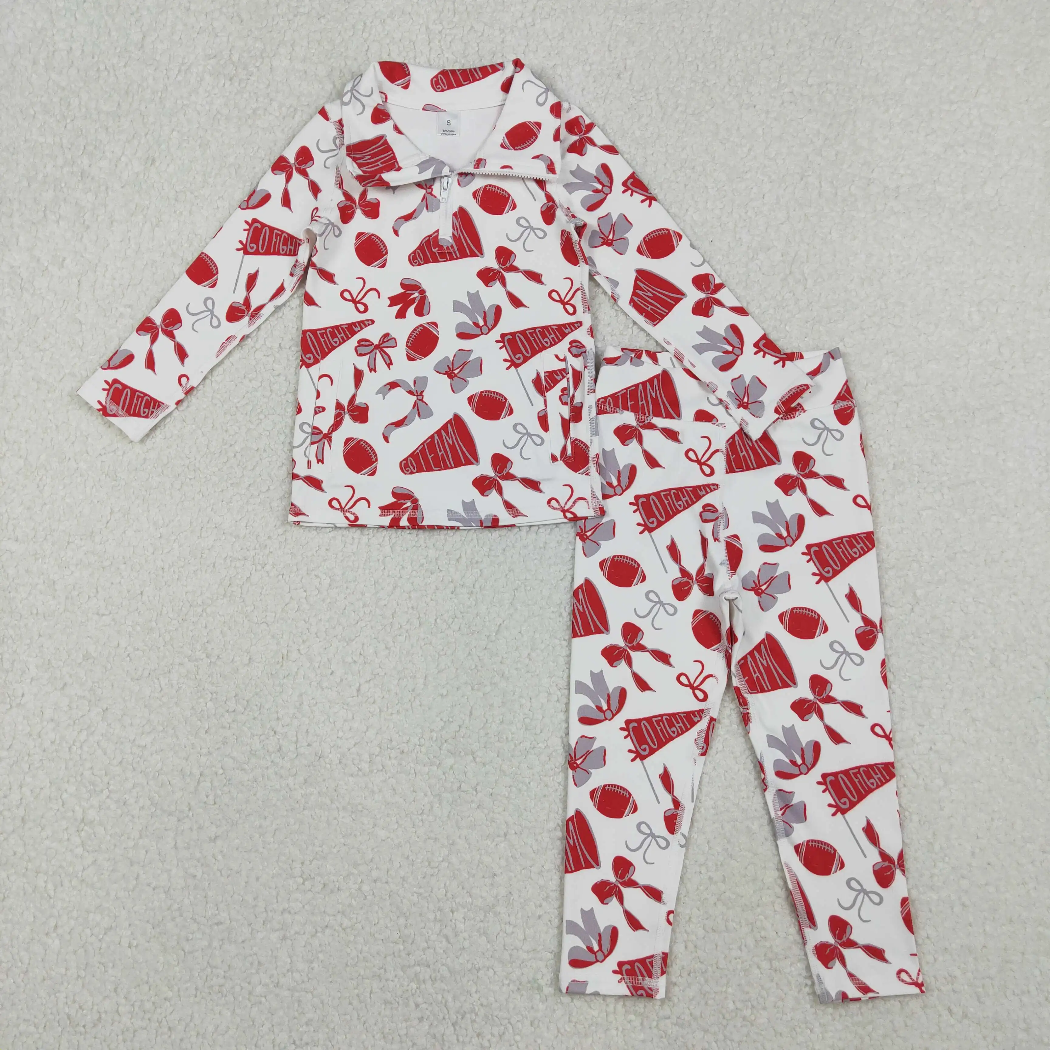 

Baby Girls Red Bows Football Go Team Zipper Pullover Yoga Top Grey Active Leggings Set for Kids