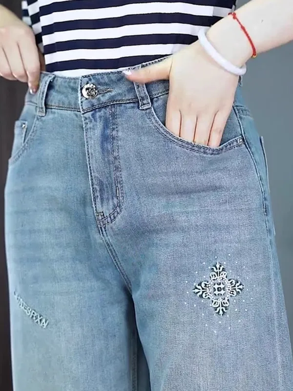 Summer New Style Soft Jeans Wide Leg Pants Women's High Waist Thin Denim Straight Cut Trousers Nine Points Casual Fashion
