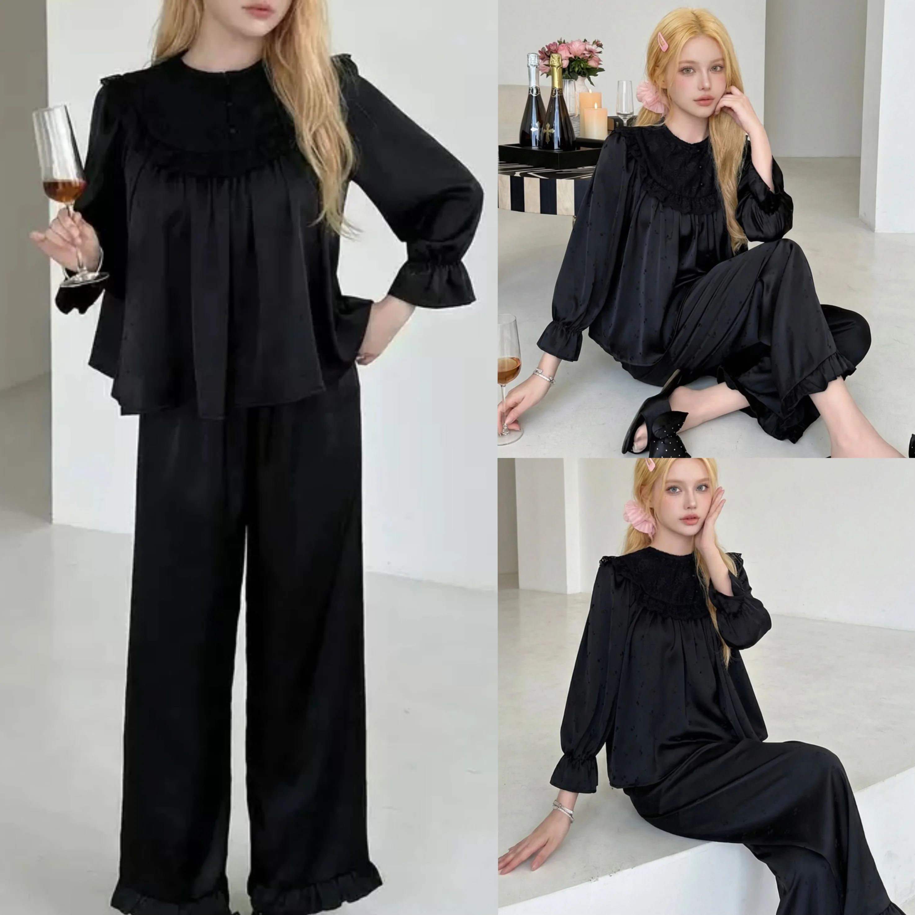 

Women Spring Summer Ice Silk Pajama Set, Thin Cool Faux Silk French Luxury Long Sleeve Loungewear