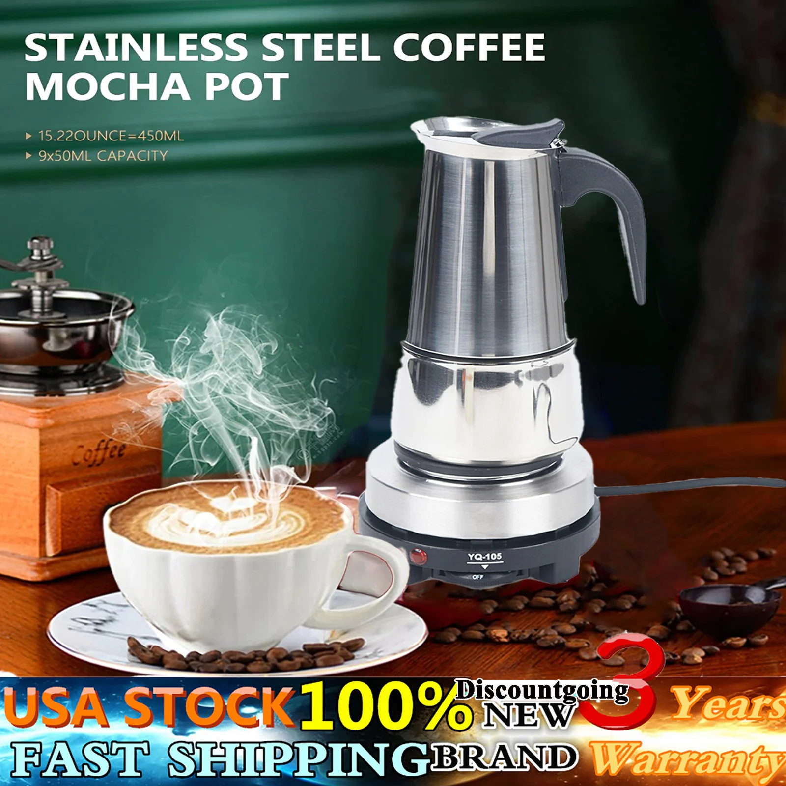 

110V Espresso Maker 9 Cup Moka Pot Italian Cuban Greca Stovetop Coffee Maker NEW