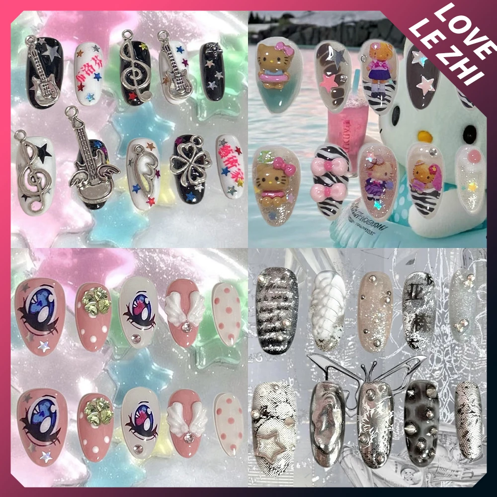 

Y2K 3D Cartoon Handmade Short Square Almond Press On Nails Spice Girl Shining Stars Diamond Cat Eyes Detachable Full Cover Nail