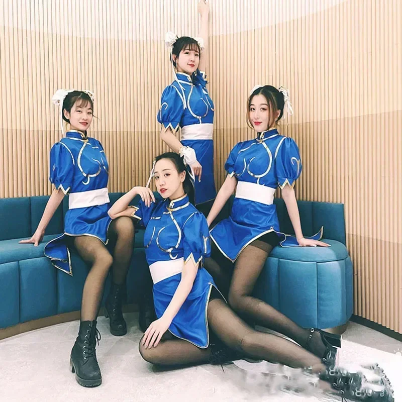 Costumes de cosplay Chun Li pour femmes et filles, robe bleue, ceinture, équipement de sauna avec ultraviolets, Sutorito Faita, Cheongsam, jeux, fête d'Halloween