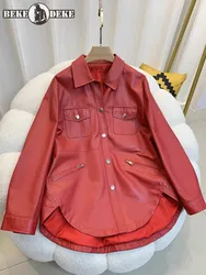 Nueva chaqueta de cuero genuino para mujer de primavera, abrigo de piel de oveja informal de manga larga con cuello vuelto y un solo pecho de longitud media