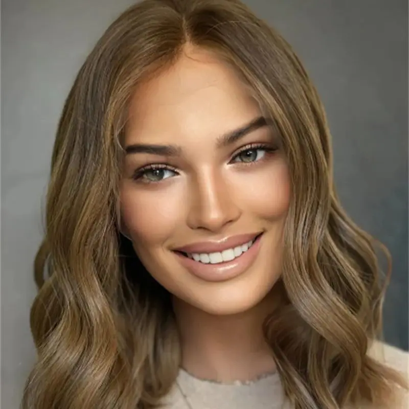 

Короткие мягкие волны Тостный каштановый парик Балаяж Высокое качество Синтетический швейцарский HD Прозрачный парик фронта шнурка Топ бесклеевой женский парик