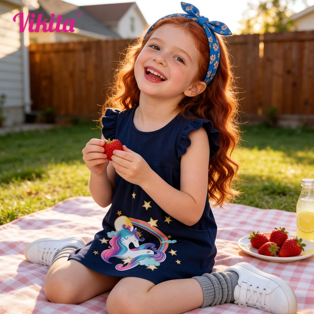 VIKITA Vestido de verano con mangas acampanadas para niñas, vestido informal de algodón azul marino con estampado de licorne colorido, vestidos rectos para uso diario con bolsillos