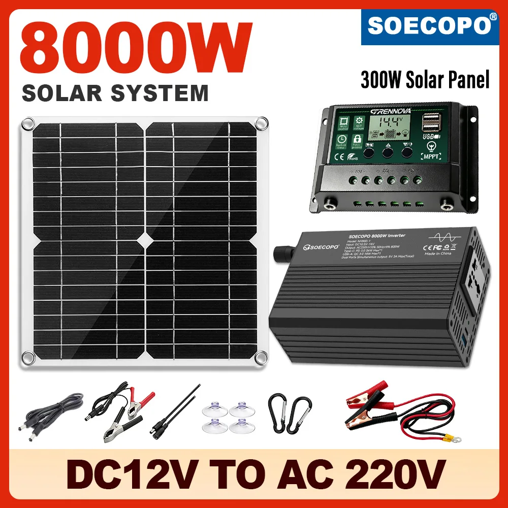 8000W Peak Easy Installation Solar Kit 300W Panel MPPT Controller Stable Inverter DC12V to AC220V Off Grid For Outdoor Camping