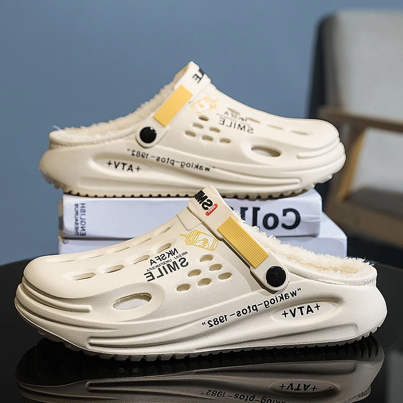 الشتاء شبشب رجالي أحذية دافئة فروي حذاء للحديقة داخلي المنزل منزل نعال من القطن أفخم أحذية الرجال في الهواء الطلق قباقيب الشتاء