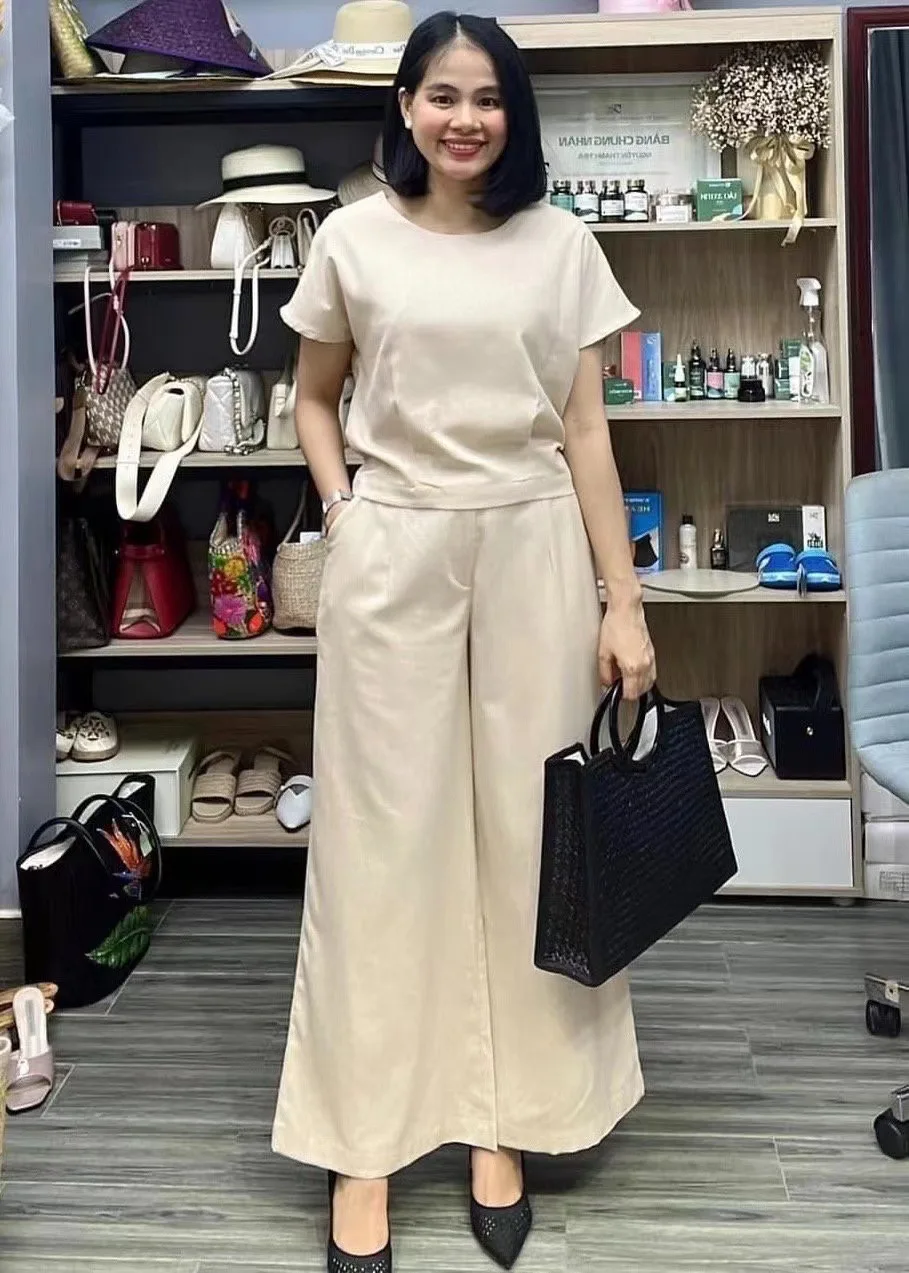 Round neck short sleeved shirt set for women, urban chic sportswear, loose pants 2-piece set, summer fashion