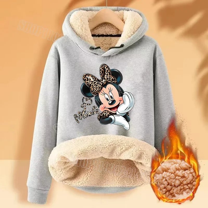 Disney Minnie Mouse damska bluza z kapturem Cartoon Anime zimowa jagnięca kaszmirowa bluza z kapturem zagęszczona odzież chroniąca ciepło prezent