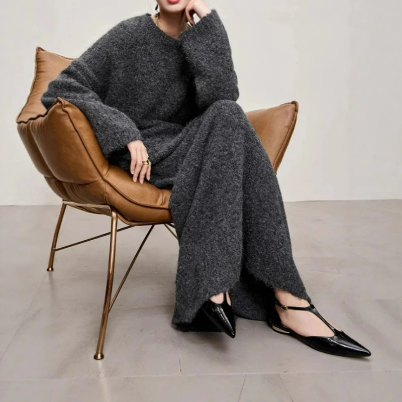 Damen Strickpullover-Rock-Sets, zweiteilig, Rundhals-Pullover, A-Linie, dicke, warme, lange Röcke, Freizeitanzüge, warme Basis, Winter 2026