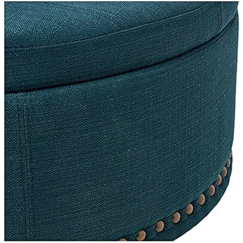 Pouf portaoggetti Alloway arredamento con chiodi in bronzo antico, tessuto azzurro