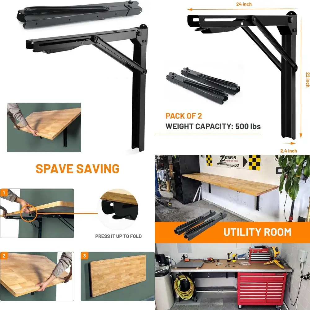 

Heavy Duty Steel Folding Wall Shelf Brackets 24 Inch, Max Load 500lb, Collapsible for Garage Storage Solutions