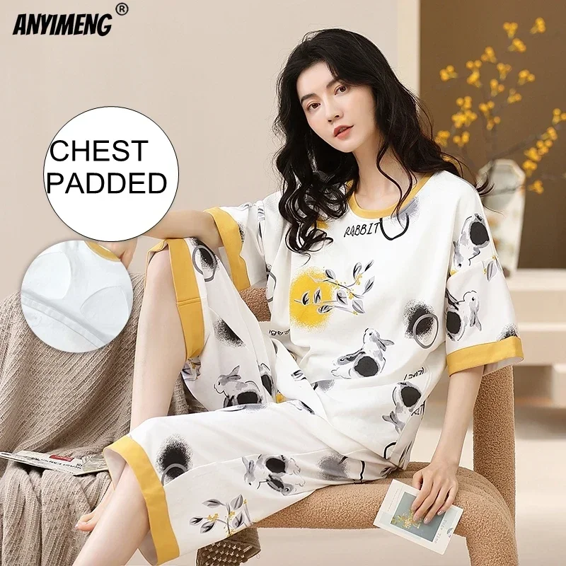 NEW Chest Padded Women Pajamas Set Summer Knee-length Sleepwear Plus Size M-5XL Big Woman's Pyjamas Casual Mid-calf Pants Pijama