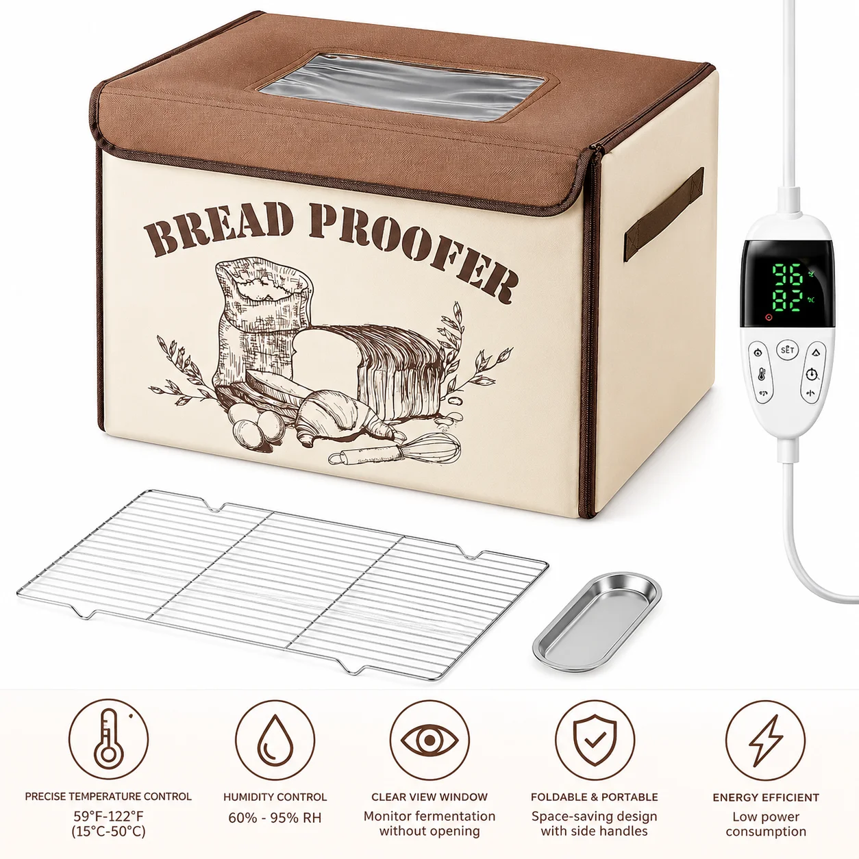 

Folding Bread Proofing Box with 50-113°F Temperature Control Timer for Dough Fermentation Pizza Yogurt