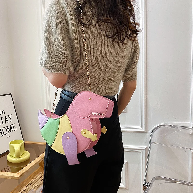 Women Fashion Dinosaur Shape PU Leather Rivet Chain Crossbody Shoulder Bag Lady Messenger Bags Girls Mini Clutch Shopping Totes