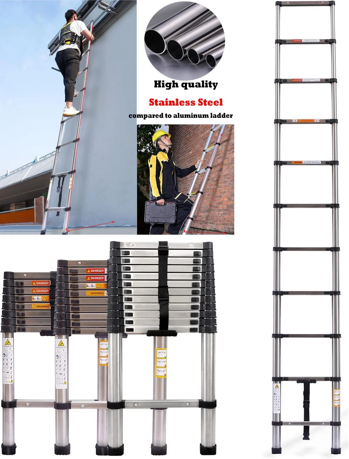 2.6M Foldable Ladders Telescopic Stainless steel Extendable Extension 9 Steps150kg Max. Capacity EN131 Portable for household