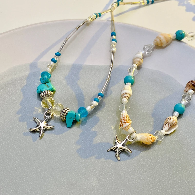 Holiday Style Beaded Shell Starfish Necklace Women's Personalised Fashion Light Luxury Collarbone Chain New Niche Accessories