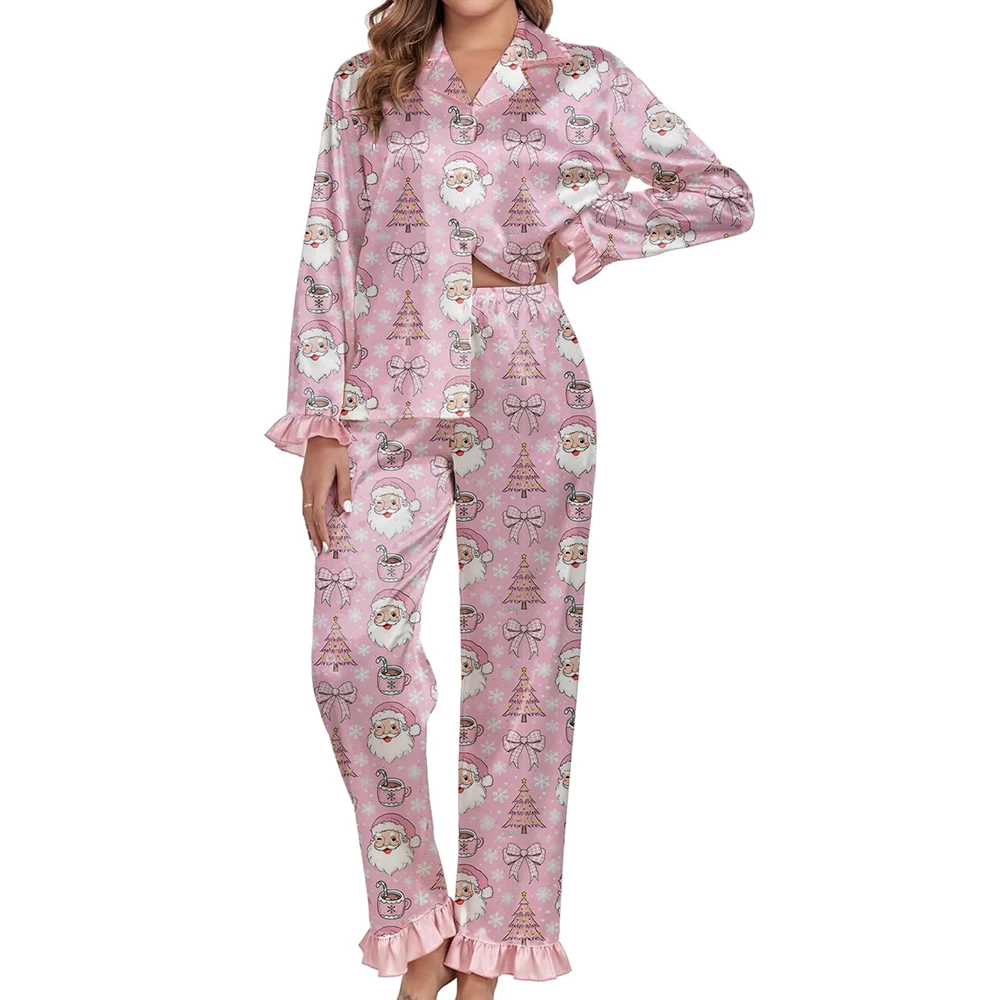 المرأة عيد الميلاد بيجامة من الساتان مجموعة Y2K سانتا الجرافيك الكشكشة زر أسفل كم طويل بلايز السراويل عيد الميلاد المتسكعون ملابس خاصة
