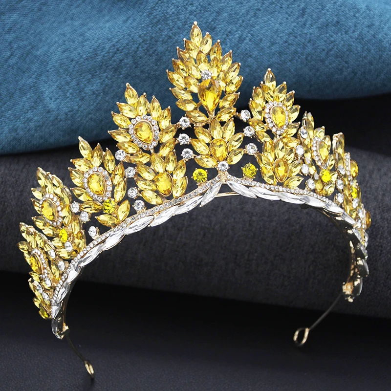 Baroque Yellow Crystal Tiaras for Women Bride Diadem Wedding Crown Bridal Hair Jewelry Party Dress Head Accessories