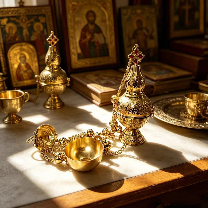Neuer hochwertiger vergoldeter orthodoxer Weihrauchbrenner mit Kette und Glocken für Kirchenliturgie, Segnung und religiöse Zeremonien – Detail 1