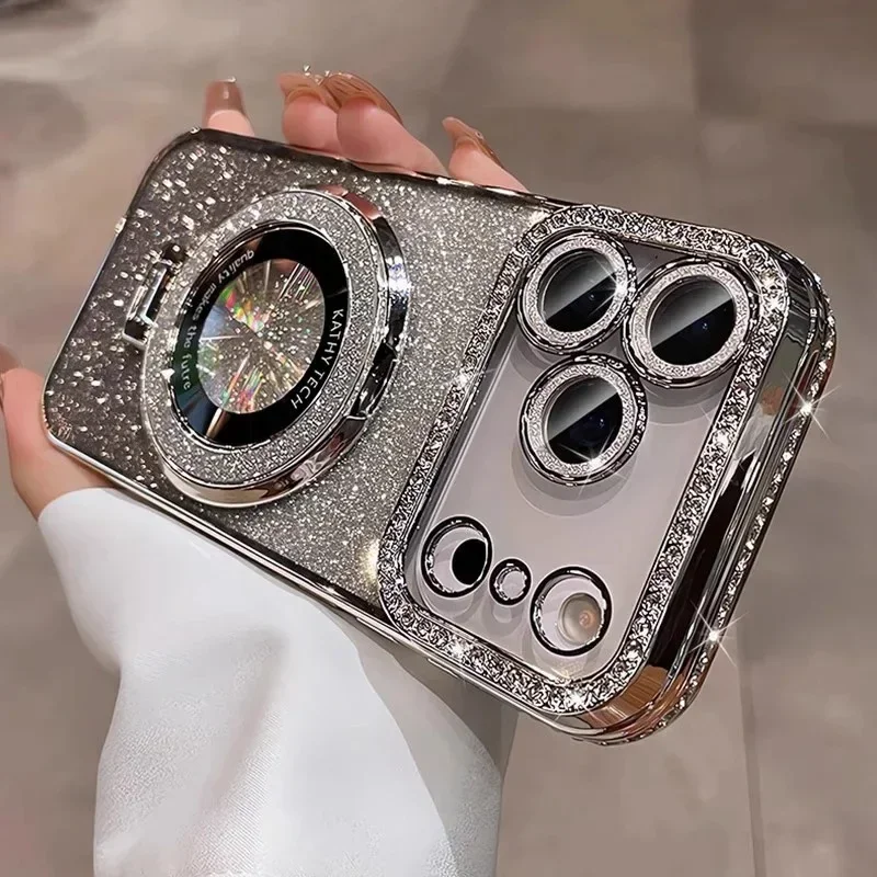 Transparente Diamant-Glitzer-Magnet-Handyhülle mit Beschichtung, geeignet für iPhone 18 17 16 15 14 Pro Max, Linsenschutzhalterung Ba