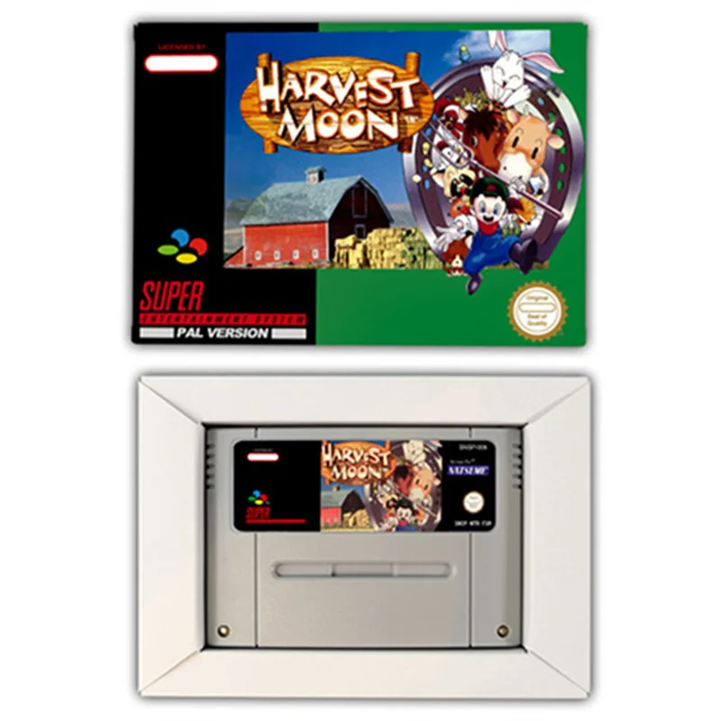 بطاقة لعبة حصاد القمر RPG ، SNES ، EUR ، PAL ، الولايات المتحدة الأمريكية ، NTSC ، 16 بت ، لوحات المفاتيح مع صندوق البيع بالتجزئة ، خرطوشة