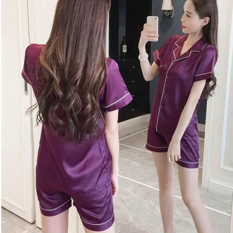 

Women Pajamas 2 Piece Women Sleepwear Silk Satin Nightwear Set Summers Short Sleeve Sleepwear Pajamas Suit Female Homewear
