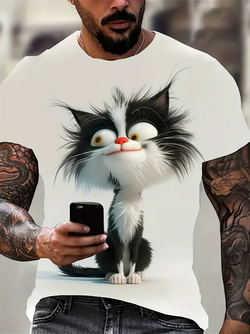 Funny Men's T Shirt Aniaml Cat Print Summer Casual Short Sleeve Tee Street Fashion Crew Neck Pullover Male Oversized Clothing image 4